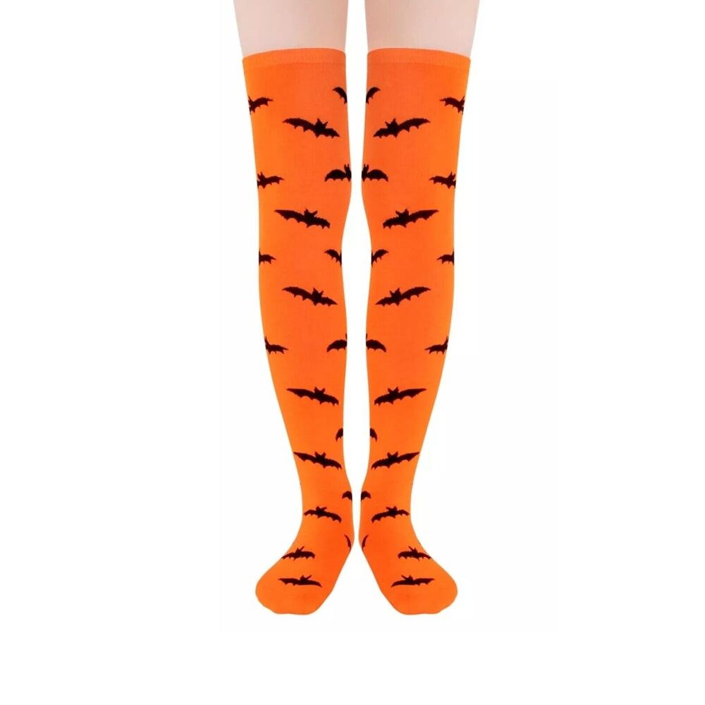 Tall Knee High Socks Crazy Socks for Women Soft Long Orange Black Bats
